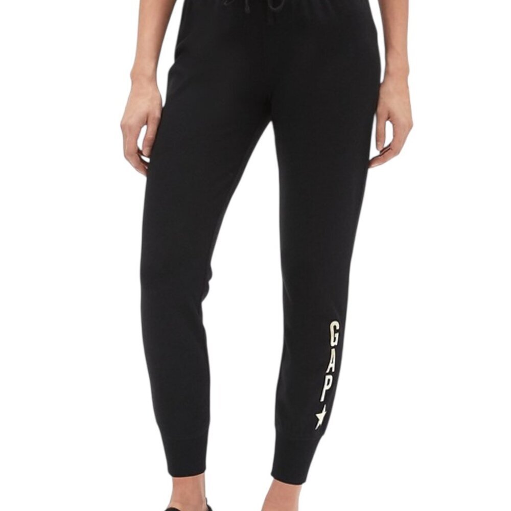 Gap Black French Terry Graphic Joggers Gold Logo Star Medium - Picture 1 of 7